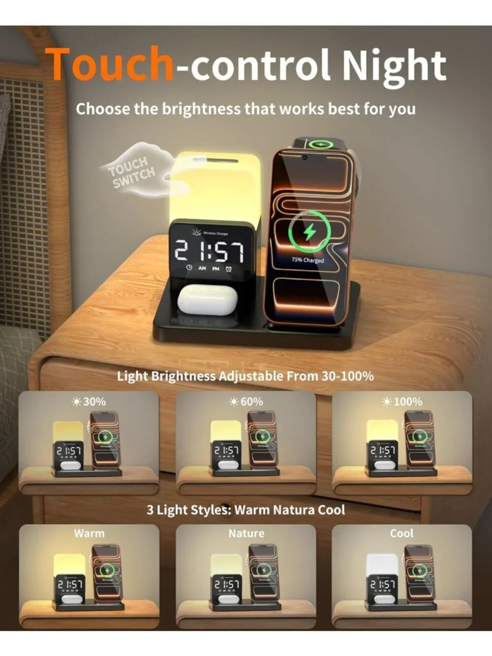6-in-1 Wireless Charging Station for iPhone, Apple Watch, AirPods & Night Light